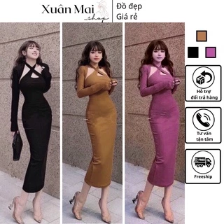 [FREESHIP] Đầm ôm body nữ chéo cổ tay dài nhiều màu hot hit