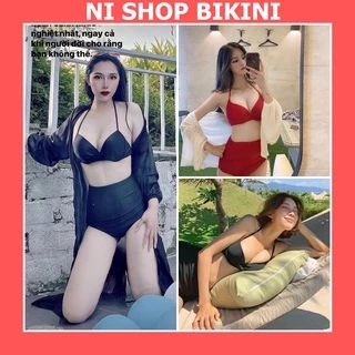 Bikini Nữ Đệm Dày Nâng Ngực Quần Cạp Cao Rúm Che Bụng vạt chéo ngắn G01Ngan