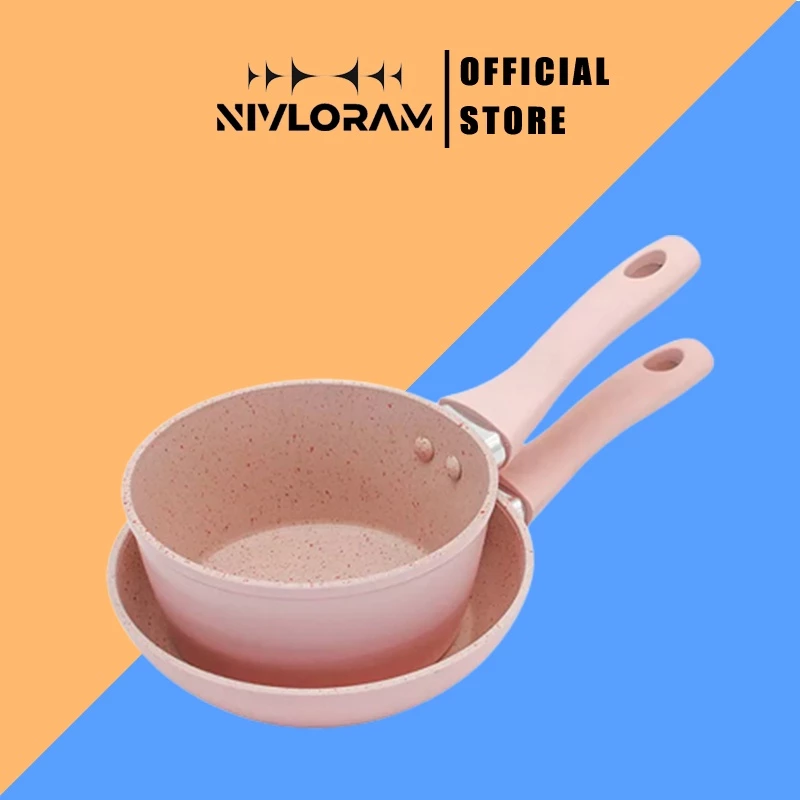 Bộ Nồi Chảo Chống Dính Cao Cấp 16cm Vân Đá Hoa Cương Hồng Đáy Từ Dùng Mọi Loại Bếp
