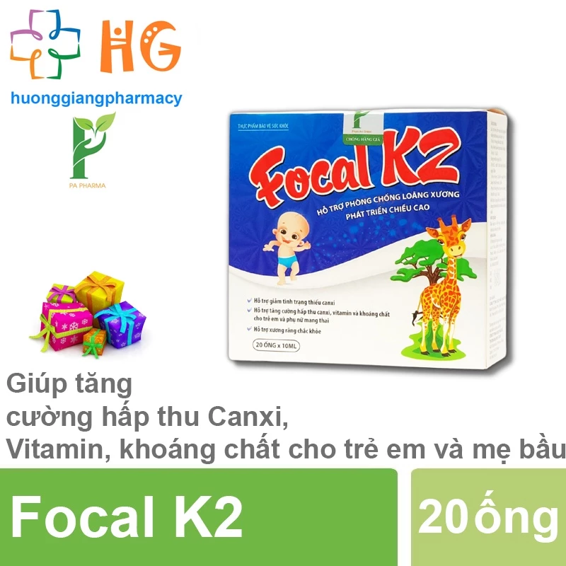 Canxi cho bé Focal K2 bổ sung calci nano vitamin d3 k2 mk7 kẽm cho trẻ sơ sinh giúp tăng chiều cao Hộp 20 ống