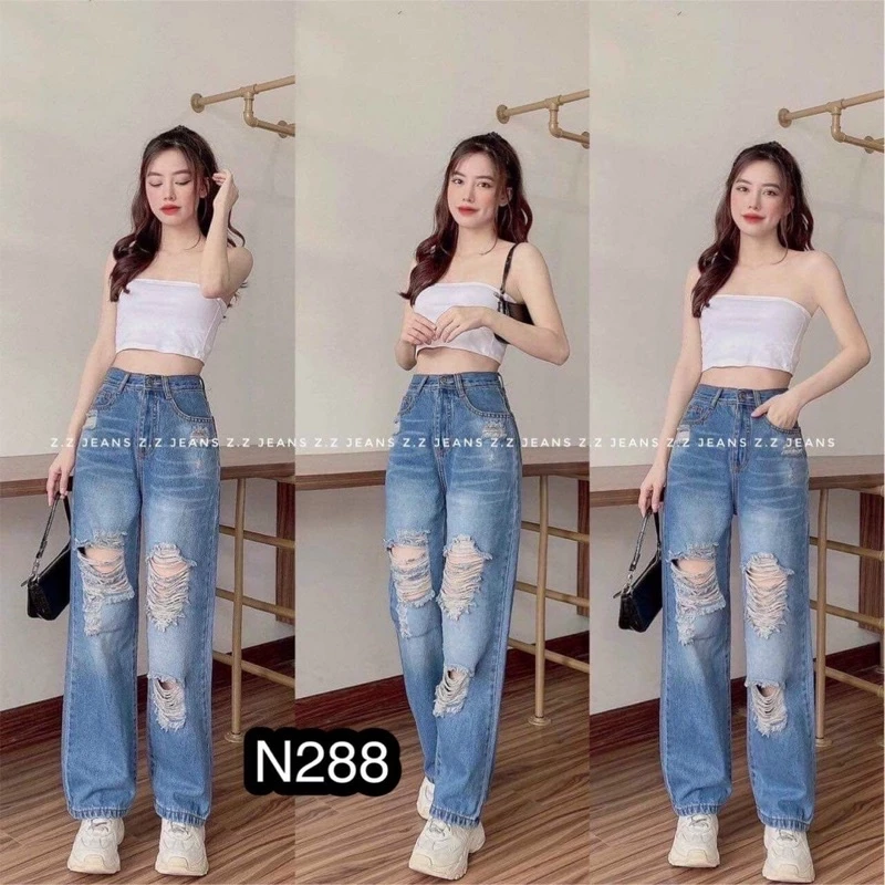 QUẦN BAGGY JEANS NỮ ỐNG RỘNG LƯNG CAO RÁCH