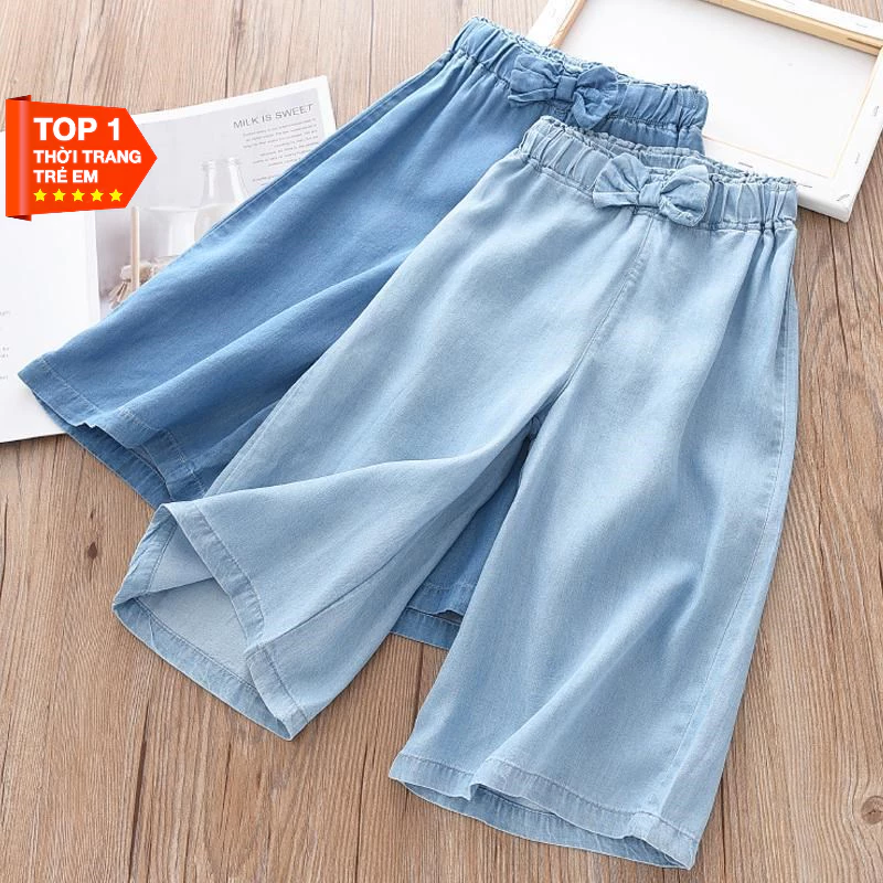 Quần suông cho bé gái, quần bò giấy ống suông rộng dáng lửng trẻ em size đại 10-55kg Bò đính nơ