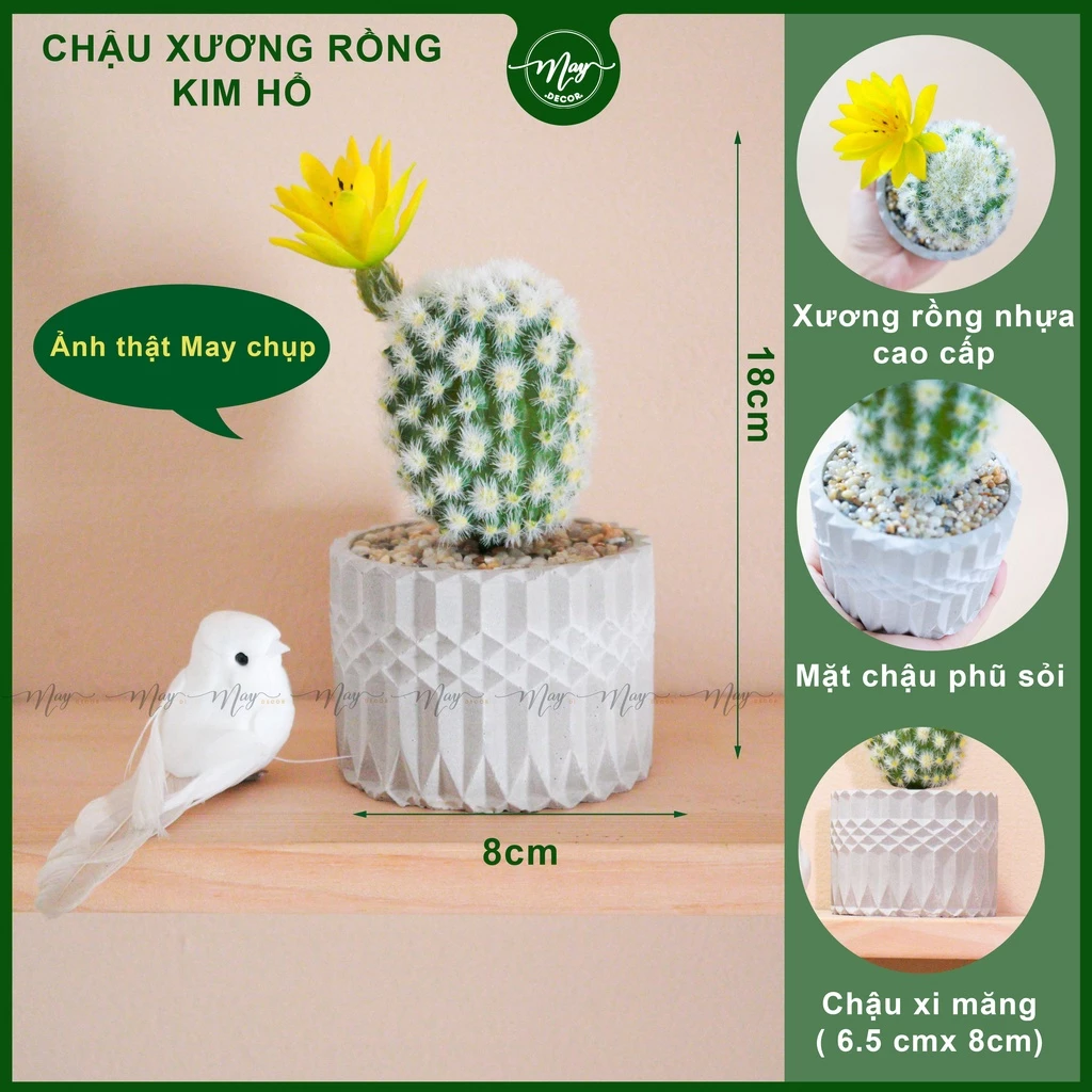 Xương rồng giả kèm chậu xi măng trang trí bàn 18cm