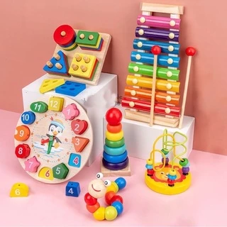 Trọn bộ 6 món  - Đồ Chơi Gỗ Montessori: Đàn gõ, Sâu uốn dẻo, Thả hình khối, Luồn hạt, Xếp chồng, Đồng hồ gỗ và xâu vòng