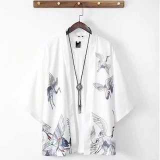 Áo khoác kimono dáng rộng in hình chim hạc phong cách Nhật Bản samurai cá tính cho nam