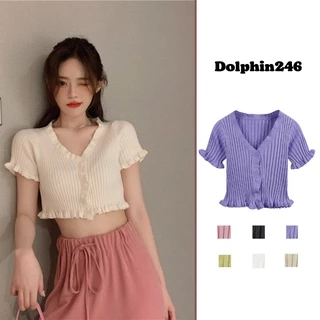 Áo Croptop phông nữ sexy dệt kim blackpink Ngắn Tay Cổ Chữ V Màu Trơn Phong Cách Hàn Quốc S-39