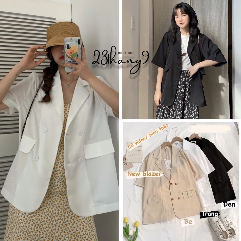 Áo blazer nữ tay ngắn , Áo khoác blazer nữ 2 lớp tay cộc vest màu be màu trắng màu nâu vải tuyết mưa cao cấp