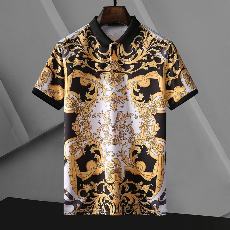 Versace Xuyên Biên Giới Mới Mùa Hè Nam Thời Trang Ngắn Tay Áo Thun Thanh Niên Vintage In Hình Polo Ice Silk Áo Thun Nam V802