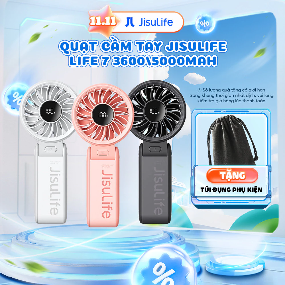 Quạt cầm tay tích điện mini Jisulife Life 7 5 cấp độ gió 3600/5000mAh - Sử dụng lên đến 12h - Chính hãng - BH 12 tháng