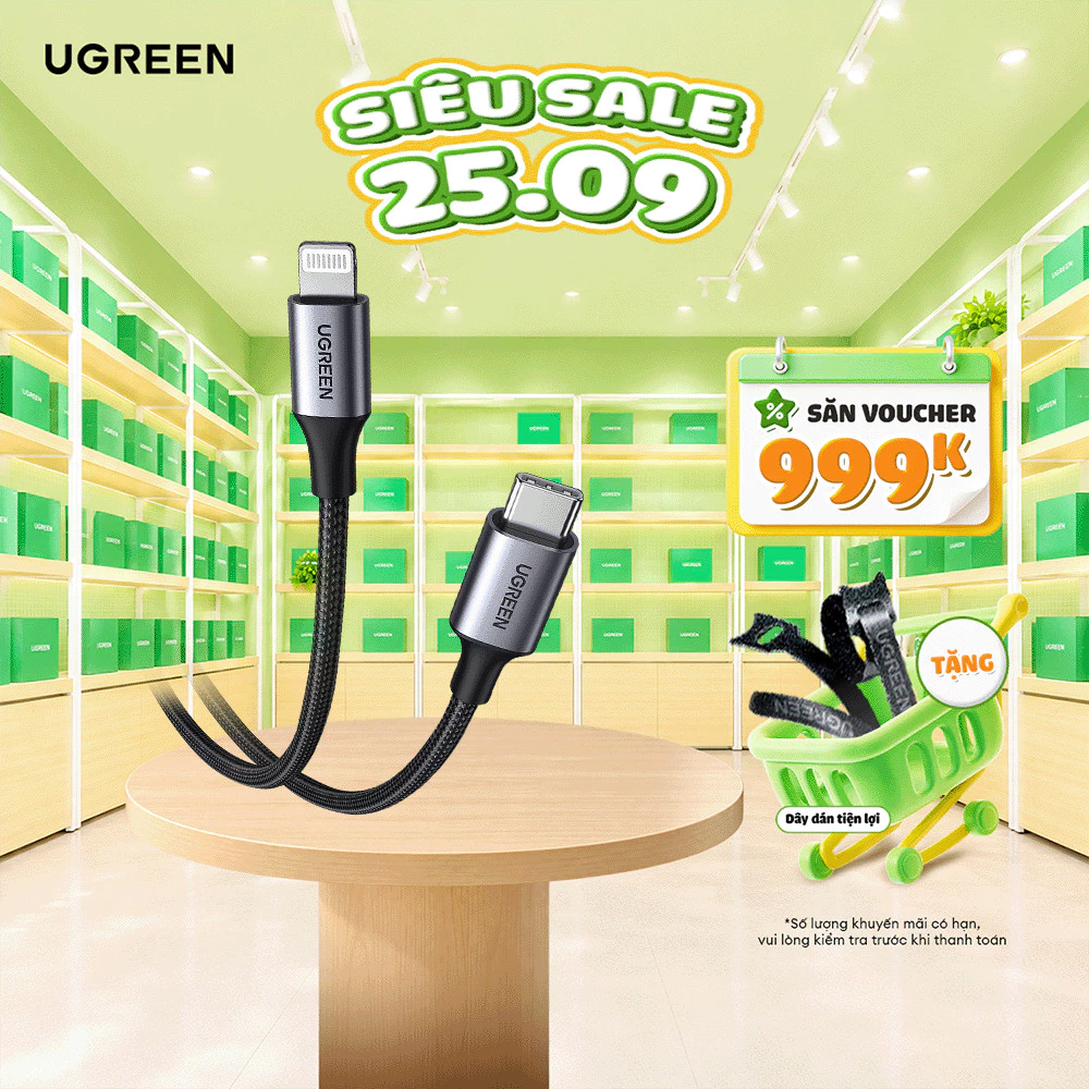 Cáp sạc USB C to Lightning đạt chuẩn MFi Ugreen US304 vỏ bện | Tốc độ truyền 480Mbps | Bảo Hành 18 Tháng 1 Đổi 1 |
