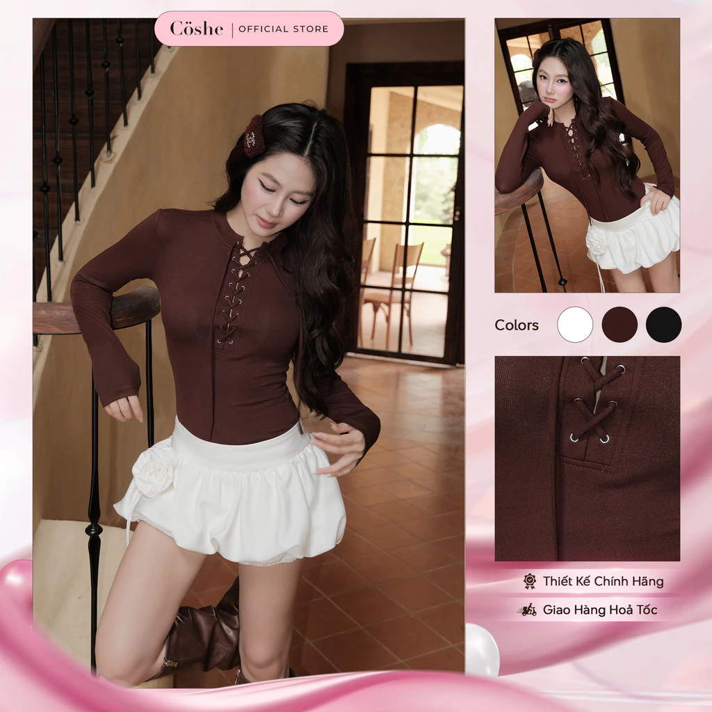 Áo thun COSHE Lady Top dài tay đan dây vải thun cao cấp cá tính trẻ trung dạo phố đi chơi