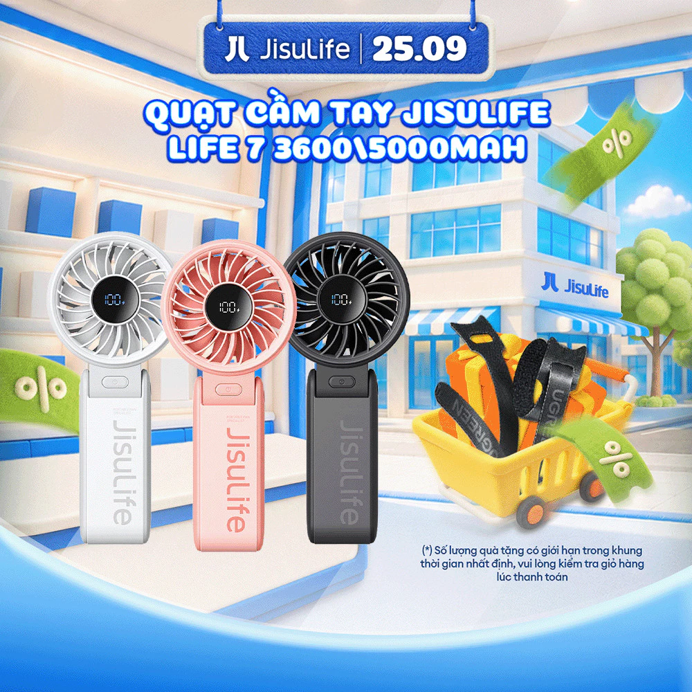 Quạt cầm tay tích điện mini Jisulife Life 7 5 cấp độ gió 3600/5000mAh - Sử dụng lên đến 12h - Chính hãng - BH 12 tháng