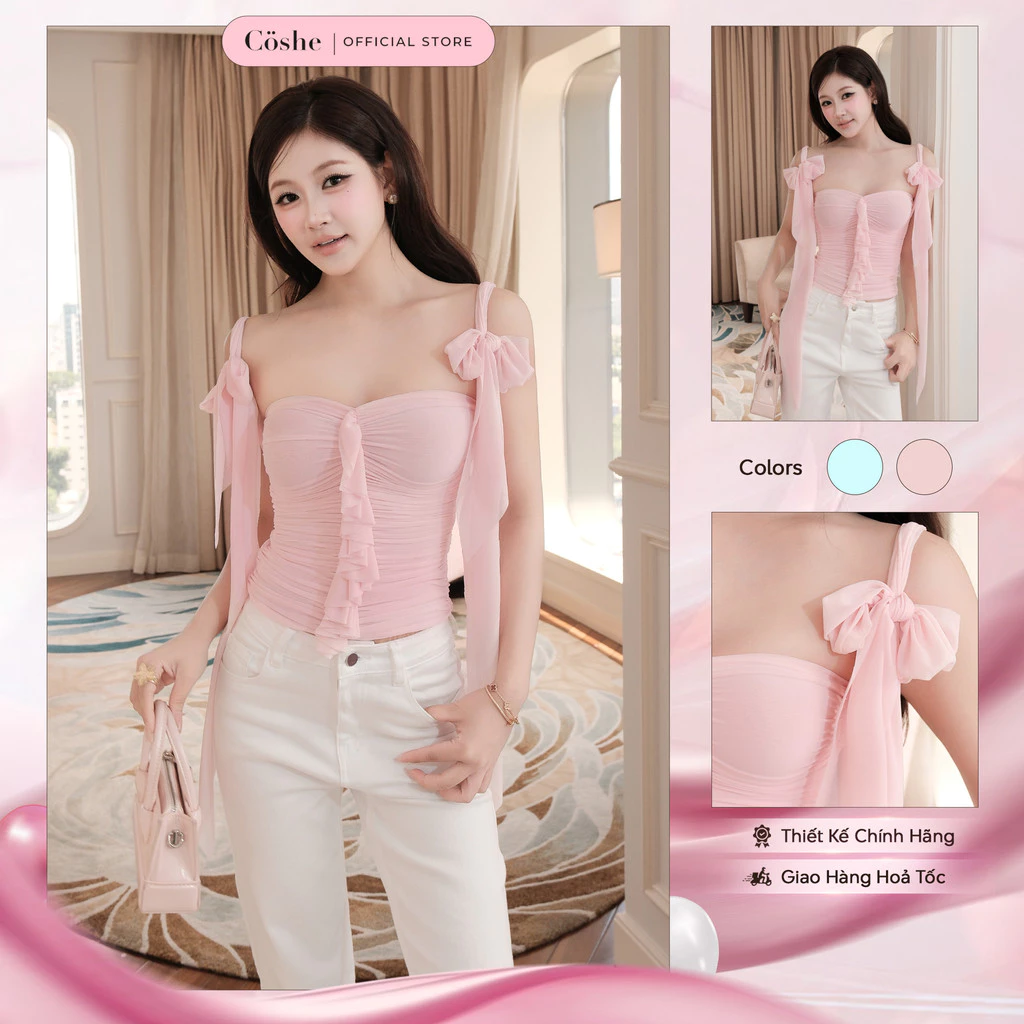 Áo kiểu nữ COSHE Janet Top quây nhún thắt nơ chất thun gân cao cấp quyến rũ cá tính dạo phố
