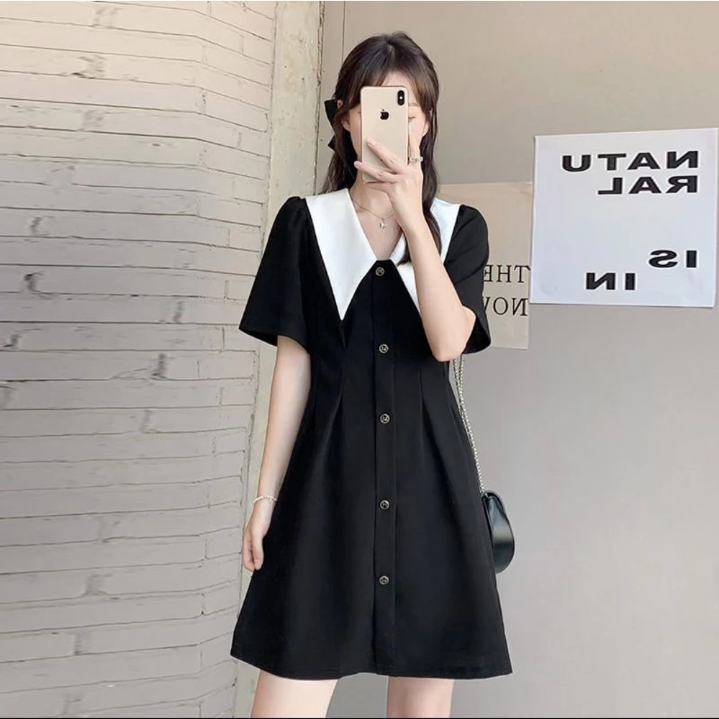 Đầm đen xòe dự tiệc phối cổ sen khuy trắng phong cách ulzzang  đi chơi đi làm by hanadress