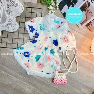 Bộ Đồ Ngủ Pijama Lụa Mango Phối Cổ Ba Lá Hàng Thiết Kế Cao Cấp Tay Cộc .Bộ Ngủ Bé Gái Cao Cấp