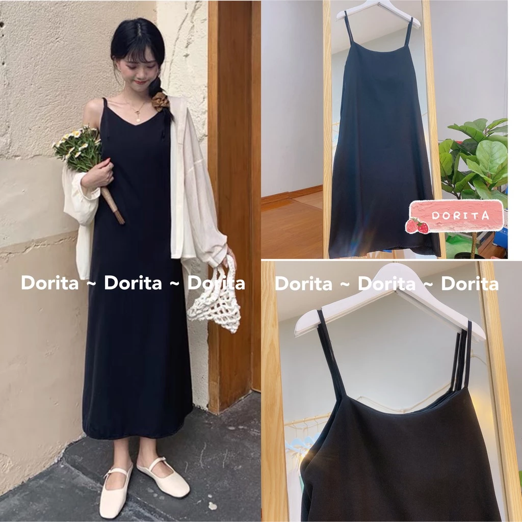 [T2] Váy 2 dây, đầm xuông - chất đũi lụa trơn basic nữ 307 - Dorita Boutique