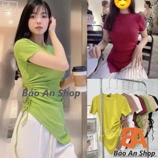 Áo thun gân tay ngắn rút dây 1 bên tà xéo nhọn chất vải thun gân len 4 chiều FreeSize feedback - Bảo An Shop hot top