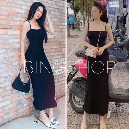 [Sale 20%] Đầm 2 dây Bingshop form ôm dài 1m2 vải len tăm dày đẹp freeship