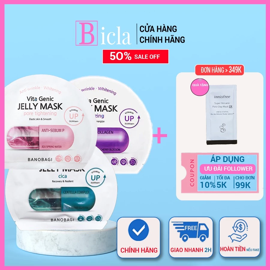 Mặt nạ Banobagi VITA GENIC JELLY xanh dương hồng tím hàn quốc CICA PORE TIGHTENING VITALIZING