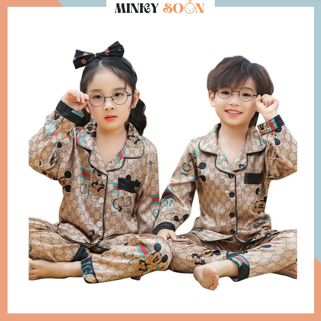 Đồ Bộ Pijama Lụa Cho Bé Gái Dài Tay In Hình Mic key Ngộ Ngĩnh, Bộ Đồ Ngủ Cho Bé Chất Lụa Satin Cao Cấp - MINKY SOON