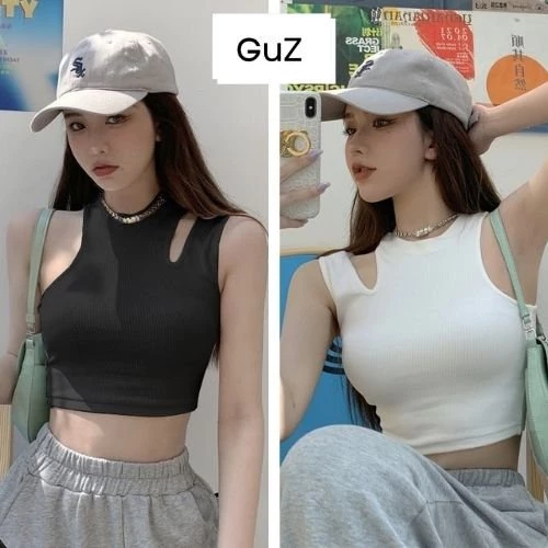 Áo croptop nữ sát nách khoét vai đen trắng dáng ôm hở eo sexy hàn quốc cổ tròn chất bozip co dãn GuZ