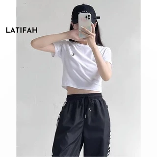 Áo thun croptop tay lỡ Latifah thêu hình MẶT TRĂNG AT012 chất vãi dày dặn co giãn 4 chiều