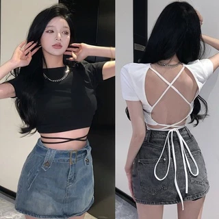 Áo Croptop Tay Ngắn Thiết Kế Dây Đan Chéo Hở Lưng Màu Sắc Đơn Giản Quyến Rũ