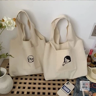 Túi tote vải canvas nữ đựng vừa laptop cỡ lớn đeo vai phong cách Hàn Quốc