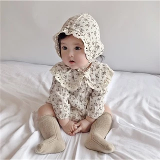 [Onesie + Mũ] Áo liền quần dài tay cổ búp bê cho bé Mũ Cotton ren hoa dễ thương