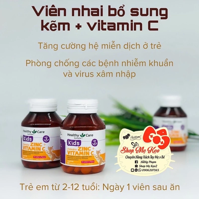 [Sẵn] Viên nhai bố sung kẽm cho bé Healthy Care Zinc + Vitamin C 60v cho bé từ 2 -12 tuổi