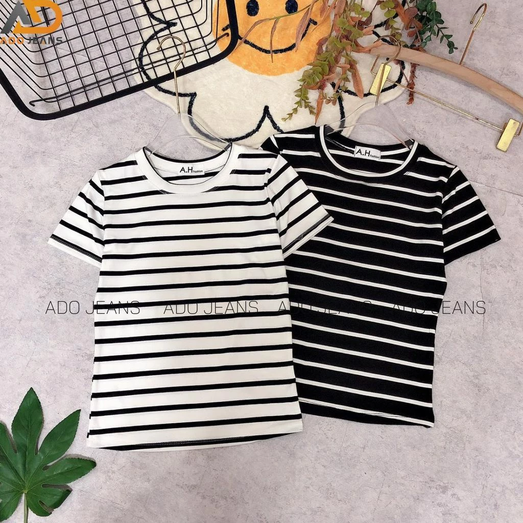 Áo thun nữ ADO JEANS cổ tròn tay ngắn, kẻ sọc ngang dáng ôm nhẹ, vải Cotton co dãn mềm mịn cao cấp (Mã1607)