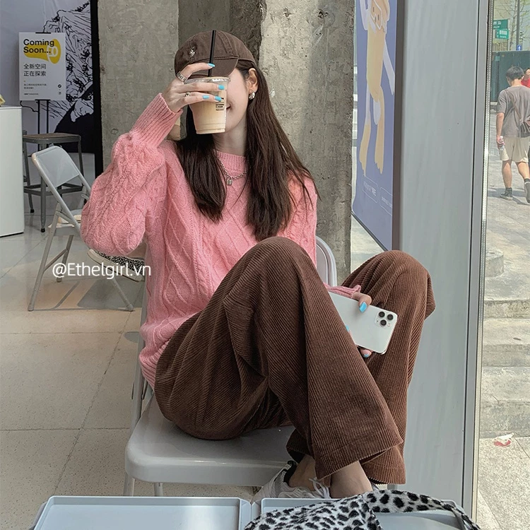 Ethelgirl thời trang Hàn Quốc retro ulzzang vải nhung dáng rộng eo cao phù hợp với quần ống rộng thẳng màu nâu thường ngày dành cho nữ