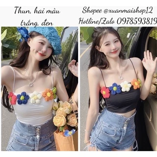 Áo croptop 2 dây đen trắng đính bông hoa len nhiều màu sắc