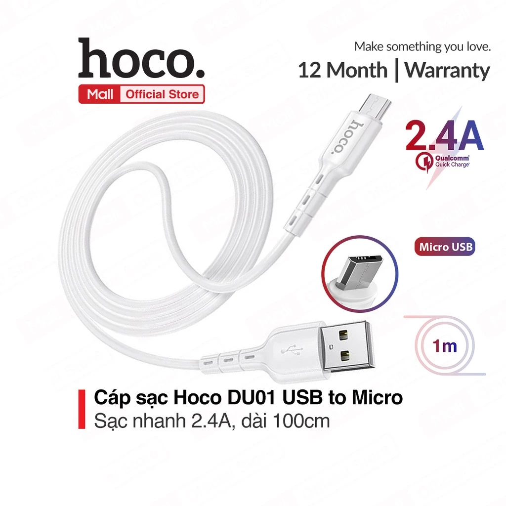 Cáp sạc và truyền dữ liệu Hoco DU01 USB to Micro/ip/Type-C sạc nhanh 2.4A/3A dài 100cm