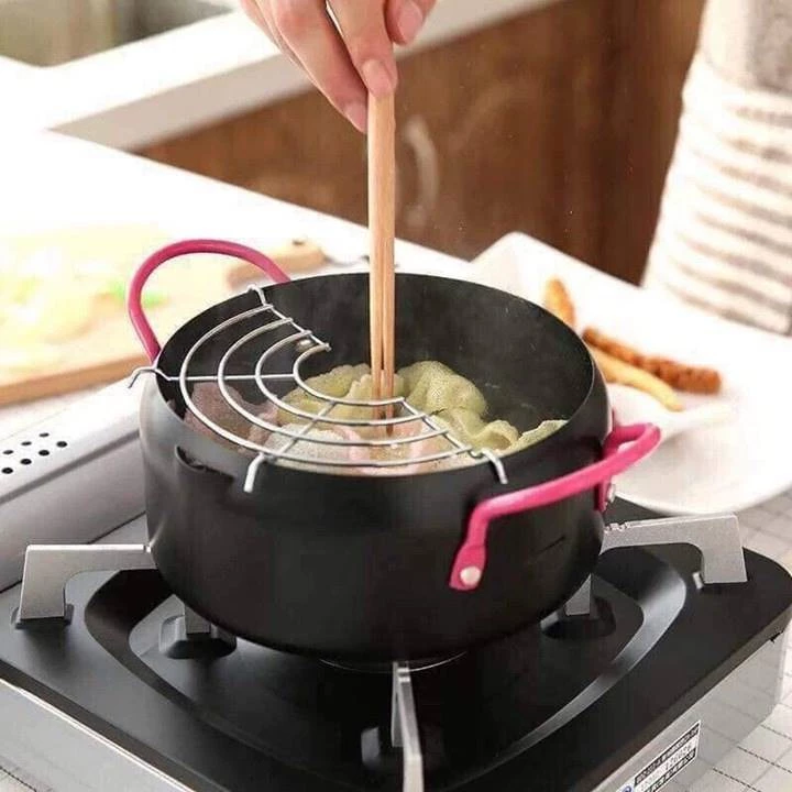 Nồi chiên lọc dầu vân kim cương chống dính 20cm dùng bếp từ và bếp ga tặng kèm vỉ gác chảo