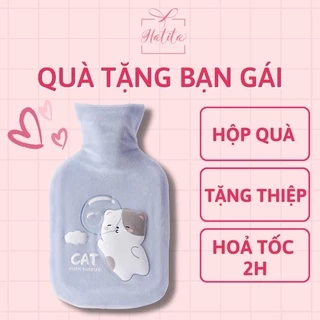 Túi chườm nóng HATITA 1000ml sưởi ấm hỗ trợ giảm đau bụng cho bạn gái mẫu mèo xanh cute