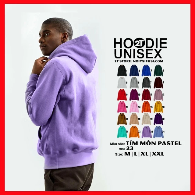 Áo hoodie unisex 2T Store H23 màu tím pastel - Áo khoác nỉ chui đầu nón 2 lớp dày dặn xỏ ngón