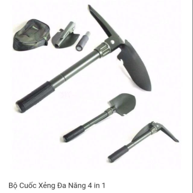 Bộ cuốc xẻng thiết bị, dụng cụ du lịch, phượt, làm vườn đa năng 4 in 1 gấp xếp thay đổi dễ dàng _ AT02 (đen)