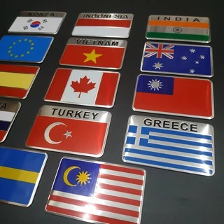 Tem nhôm dán xe cờ các nước Hàn, Indo, Châu âu, Malai, Nga, Tây Ban Nha...hình chữ nhật 8x5cm