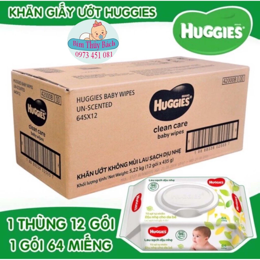 Thùng 12 gói khăn giấy ướt cho trẻ sơ sinh HUGGIES (Gói 64 tờ)