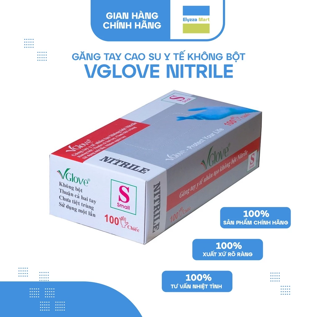 Găng Tay Y Tế Nitrile Không Bột Cao Cấp Vglove Màu Xanh 4.0gr (Hộp 100 Chiếc)