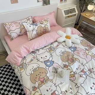 Bộ chăn ga gối Mẫu Thỏ hồng lucky - bộ 4 món đủ size 1m,1m2,1m6,1m8,2m chất liệu cotton poly.