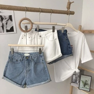 Quần Short denim Lưng Cao Ống Rộng Phong Cách Hàn Quốc Dành Cho Nữ