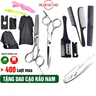 [Freeship] Combo 10 món - Bộ Kéo cắt tóc và tỉa tóc + 3 lược + Áo choàng + Dao cạo + Lược tỉa tóc + 2 Kẹp tóc