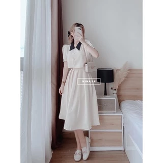 [9.9 Sales Freeship] Set váy tiểu thư nữ, set áo cổ bèo đen tay phồng phối nút croptop mix chân váy dài xinh xắn