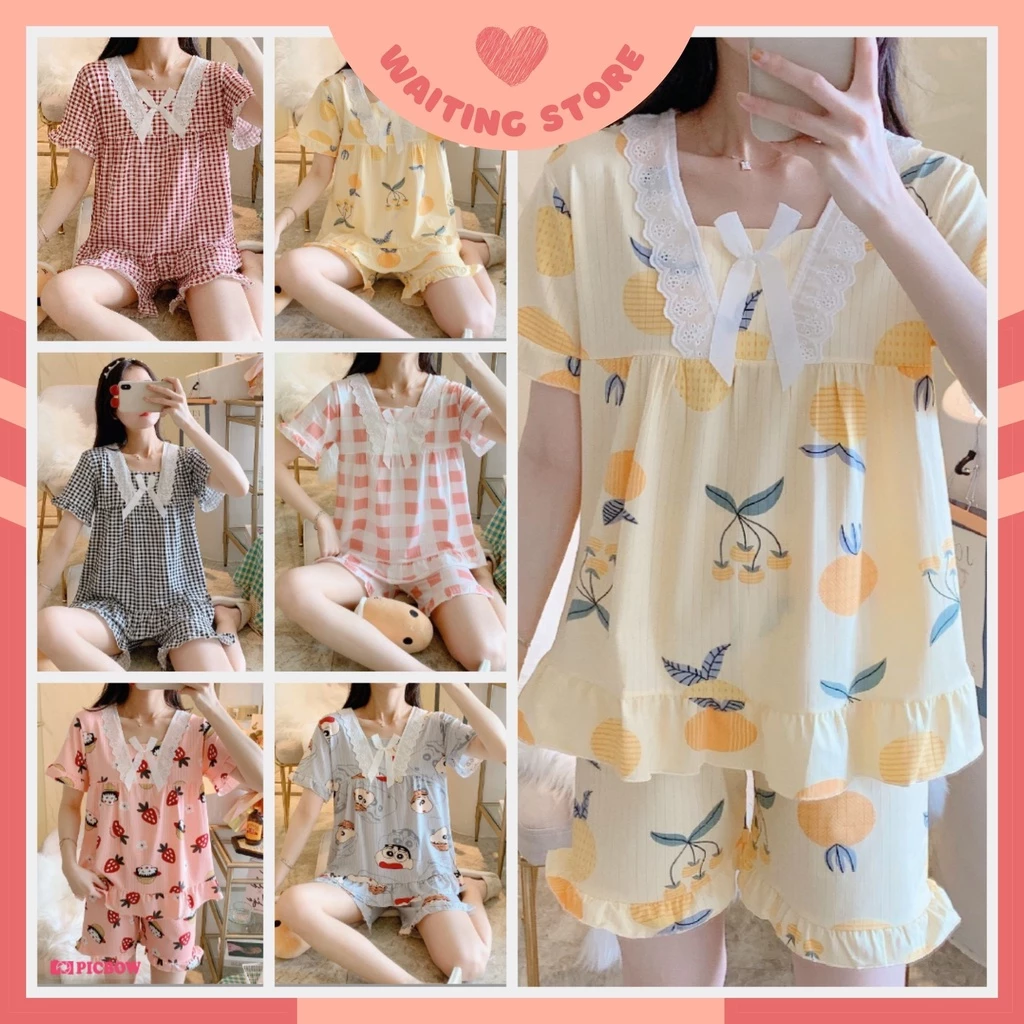 Pijama- Bộ Ngủ Nữ Cộc Tay Phối Ren Nơ Cách Điệu CCTT01