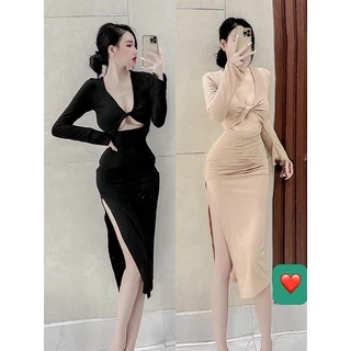 Đầm gân tay dài xoắn ngực ôm body xẻ tà cực sexy , chất thun gân dày dặn ly