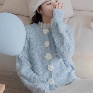 (Sẵn) Áo cardigan len vặn thừng nổi khuy hoa hồng len độc đáo nữ tí(nh