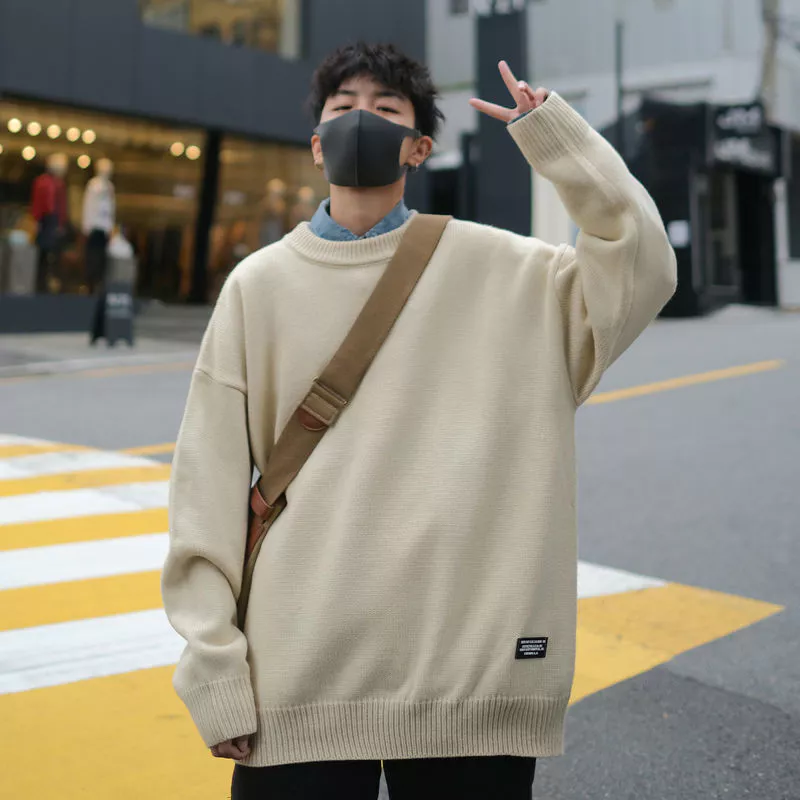 Áo sweater dệt kim cổ tròn dáng rộng màu trơn dày dặn cho cặp đôi