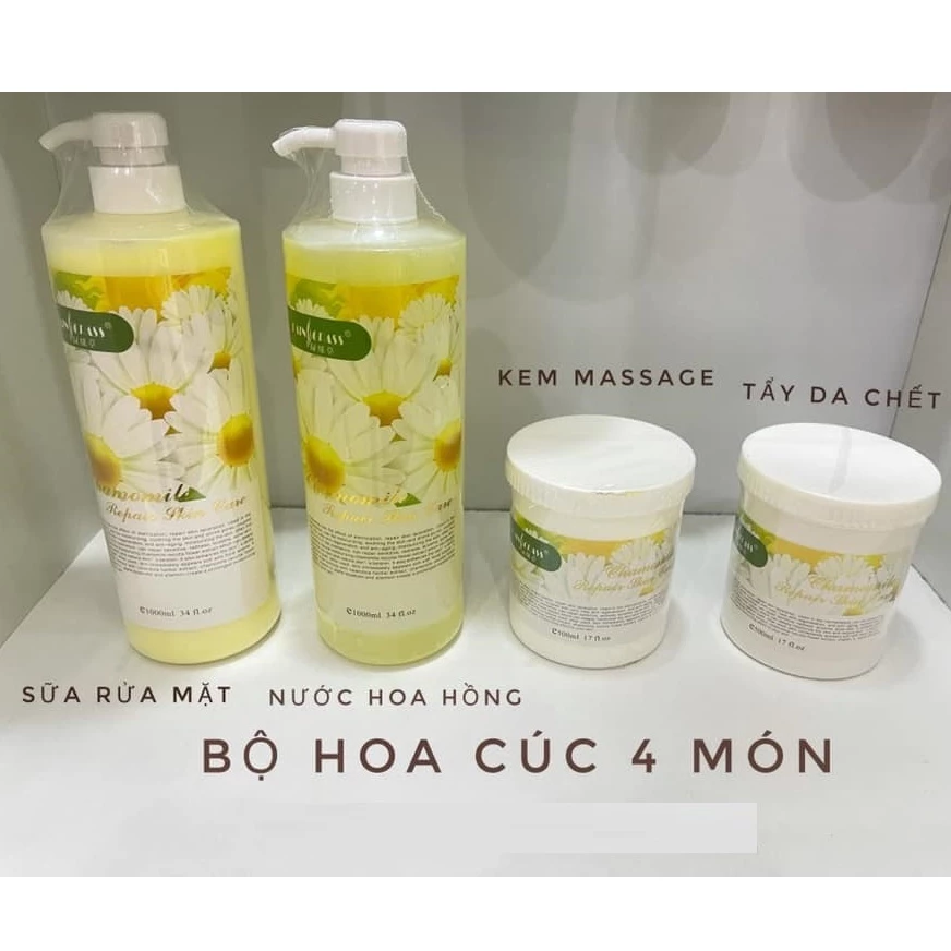 Bộ chăm sóc da hoa cúc gồm kem massage, tẩy da chết, sữa rửa mặt, nước hoa hồng chuyên dùng spa